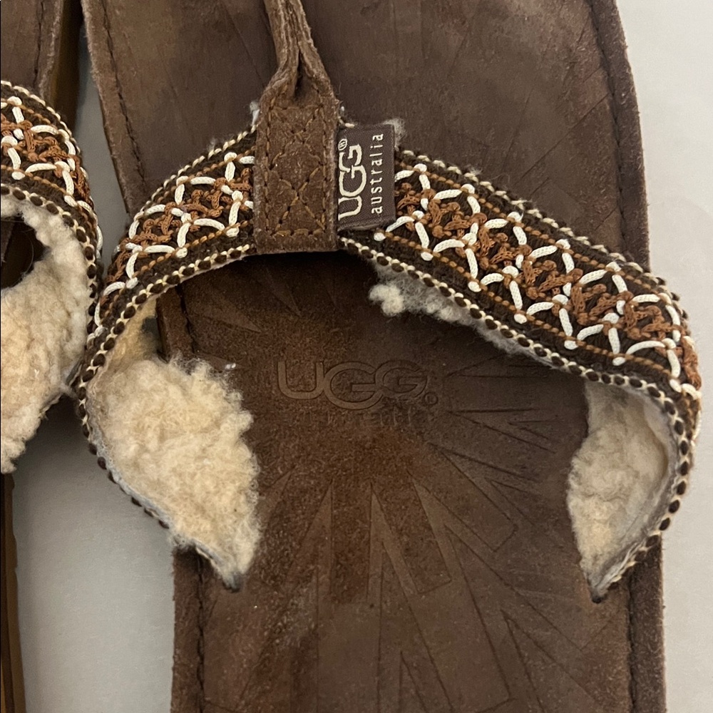 UGG Brown Suede Shearling Thong Sandals with Woven Strap Sz 9 - Picture 4 of 16